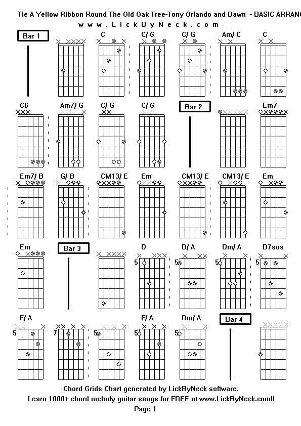 Chord Grids Chart of chord melody fingerstyle guitar song-Tie A Yellow Ribbon Round The Old Oak Tree-Tony Orlando and Dawn  - BASIC ARRANGEMENT,generated by LickByNeck software.